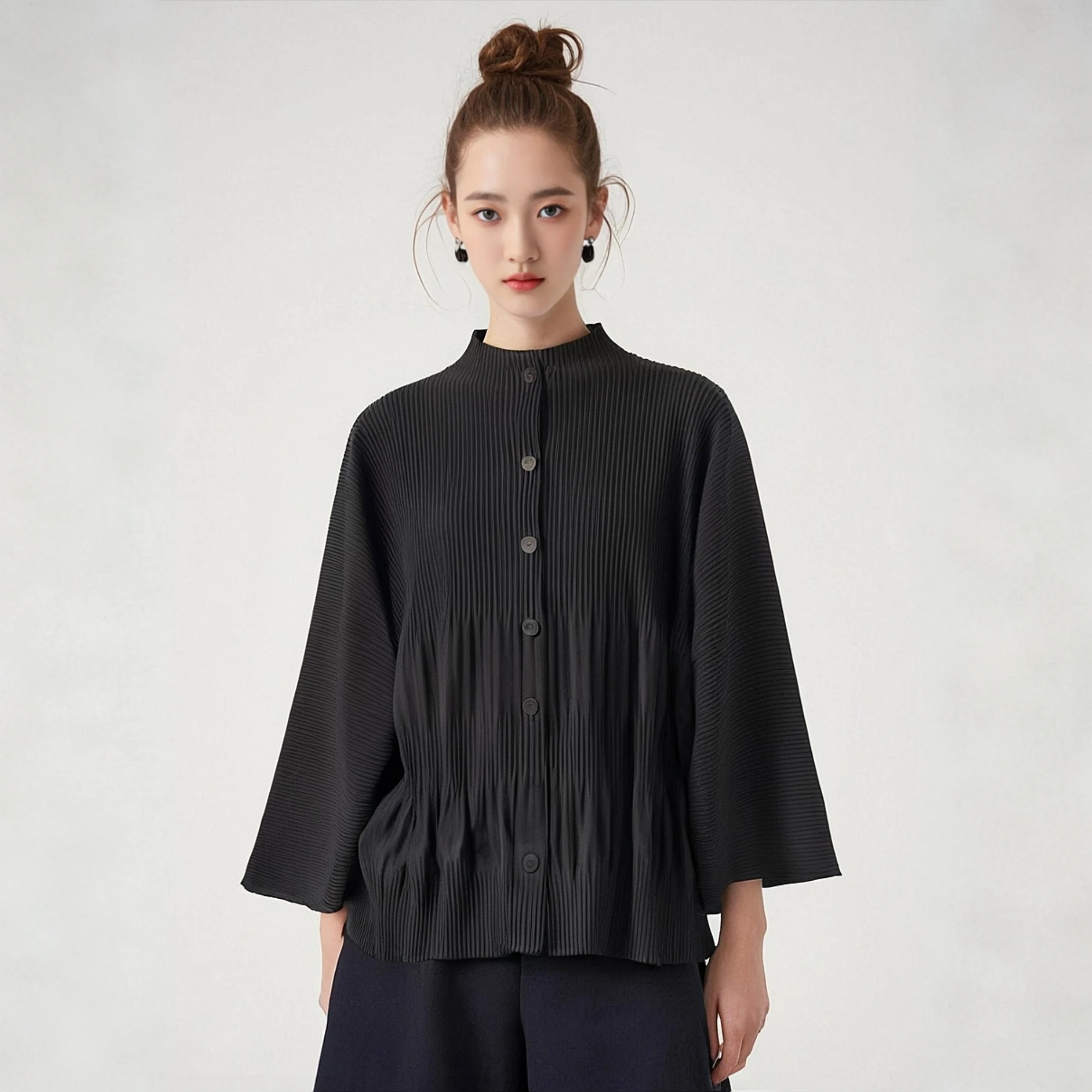 

Miyake Pleated 2025 Spring Fashion Long Sleeved Single Breasted Cardigan Solid Color Simple Casual Versatile Jacket for Women