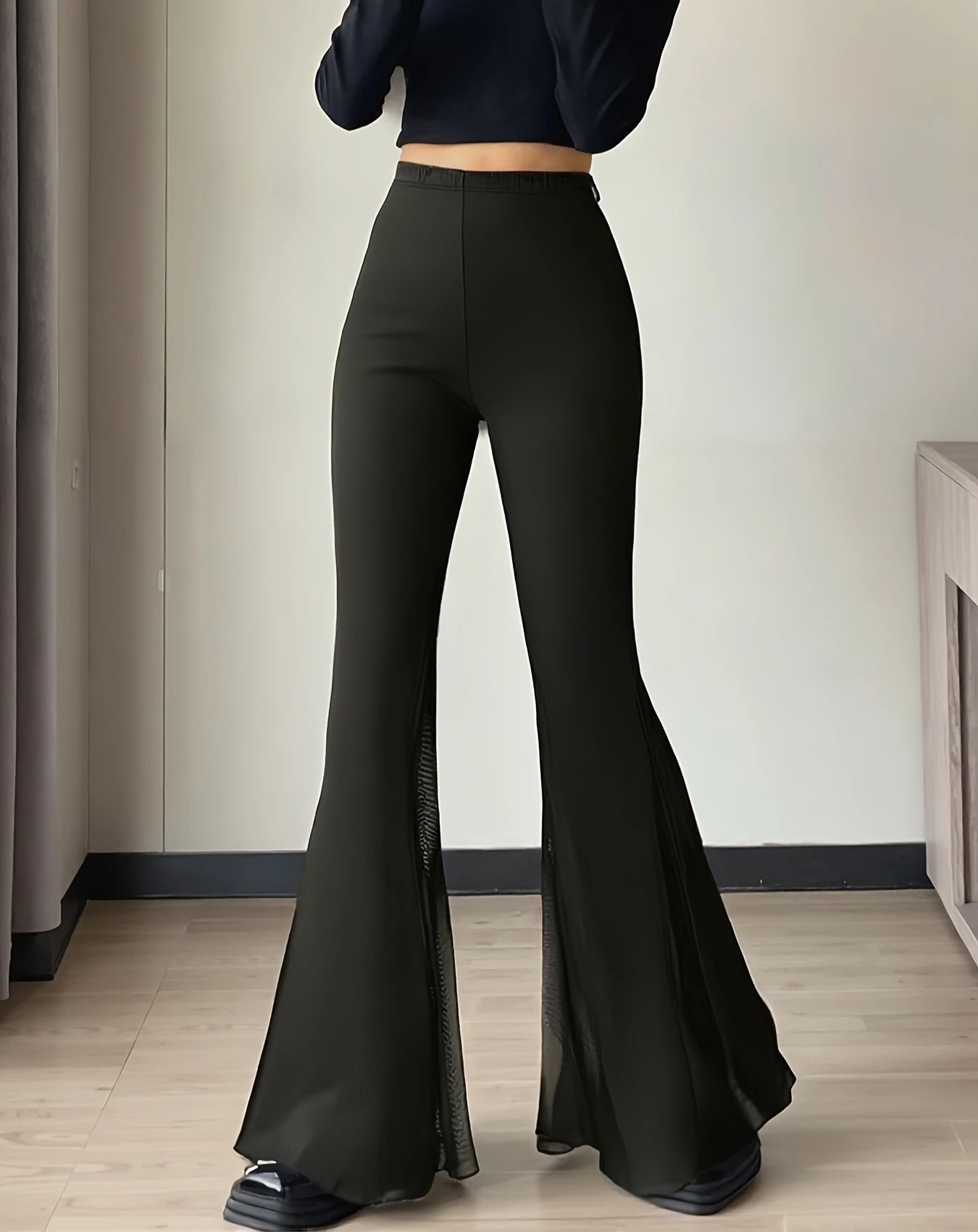 Elegant Womens High Waist Black Slim Flare Pants Spring Summer Fashion Lace Design Casual Commuter Trousers