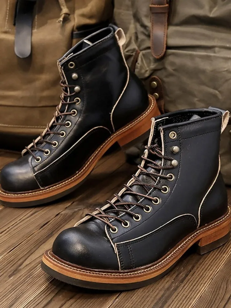 British Style Mens Work Cargo Ankle Boots Lace Up Genuine Leather Motorcycle High Top Shoes Round Toe Vintage Short Boots Male