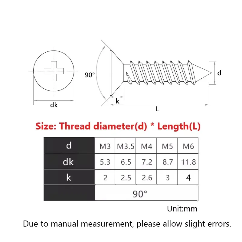 M3 M3.5 M4 M5 M6 304 Stainless Steel 500-hour salt spray passivation Cross Recessed Countersunk Flat Head Tapping Screws