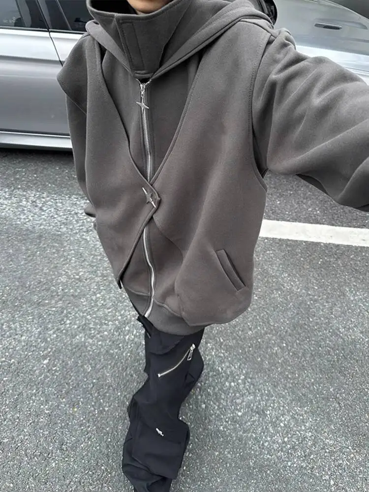 American Introvert Social Anxiety Cardigan Hoodie for Men  Spring Autumn Turtleneck Fake Two Piece Heavyweight High