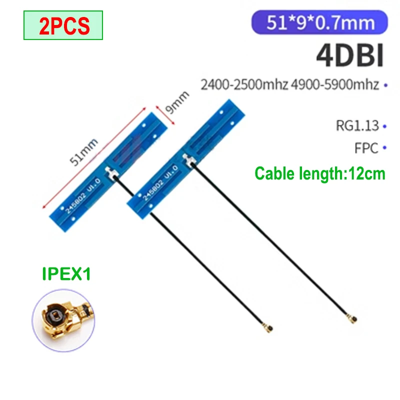 Eoth 2 peças antena wi-fi iot 5.8 ghz 2.4ghz banda dupla embutida placa macia fpc wifi bluetooth pcb antena de ganho de remendo ipex 1 4