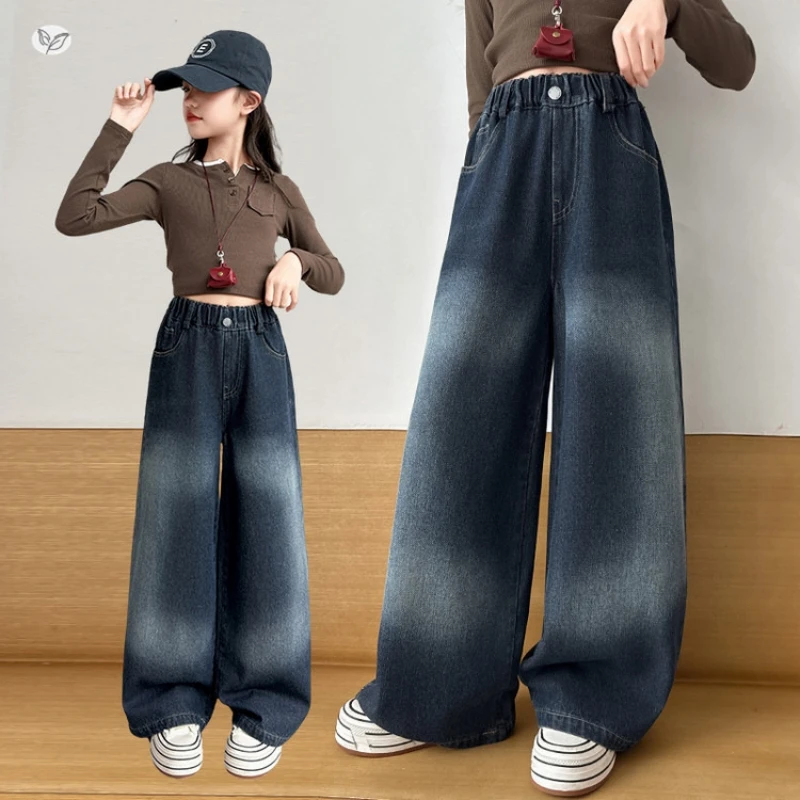 

Girls' Printed Denim Pants, Big Girls' Retro Wide-Leg Pants, New Fall 2025 Denim Pants, Children's Denim Long Pants