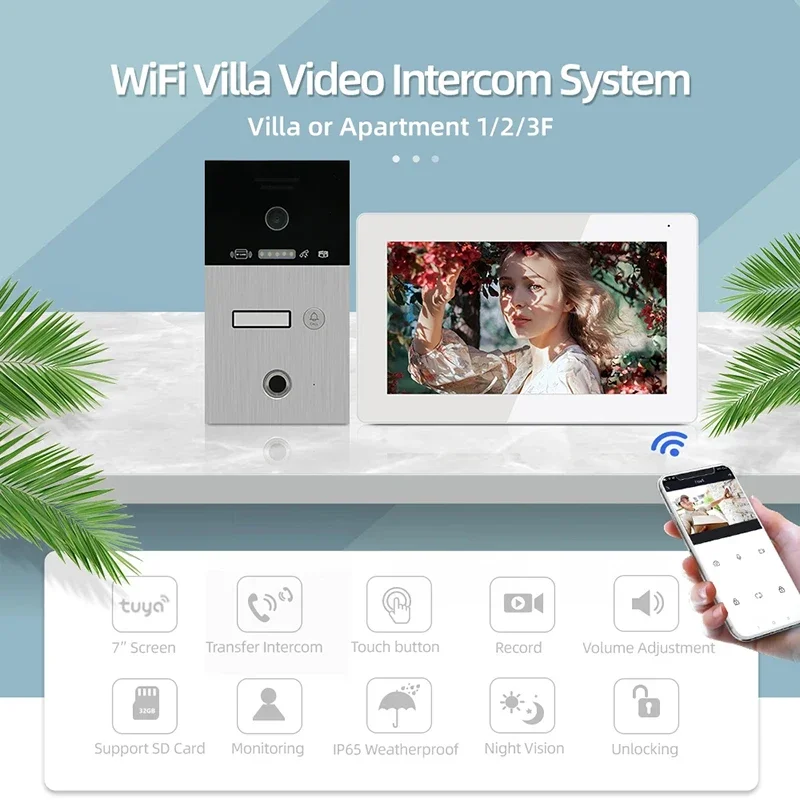 Jeatone Tuya 7 Inch Video Door Phone Intercom Doorbell Smart Home Door Eye Camera Wireless WiFi Access Control System For Home