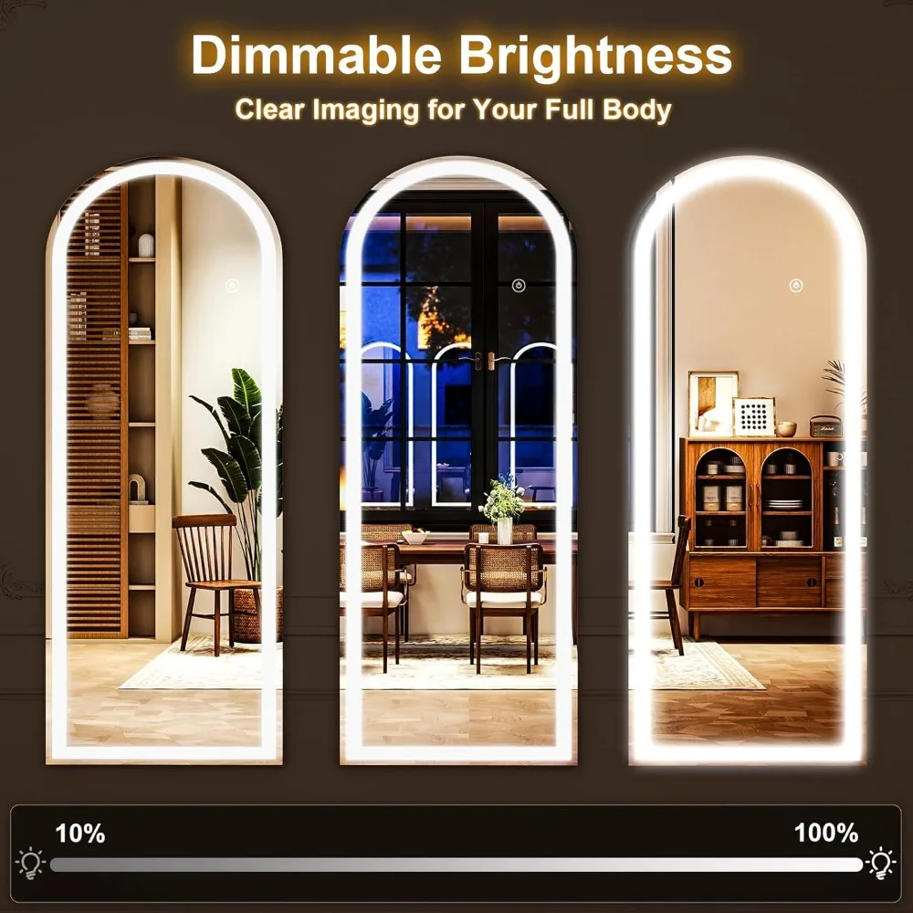 LED Adjustable Brightness White Arched Full Length Mirror, Touch Screen Controls, 21 x 64, Wall or Freestanding, Ideal for Bedro