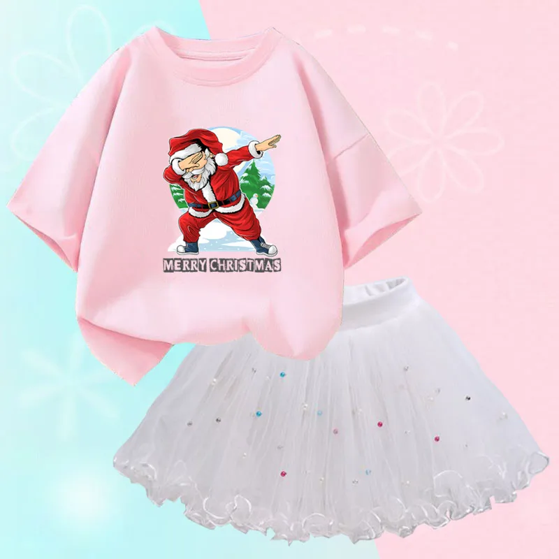 Xmas Girl Clothes 2pcs New Year Christmas Santa Claus T-shirt +Tulle TUTU skirt Outfits Set Clothes