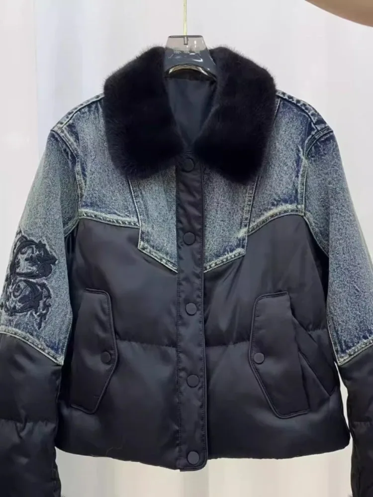 

Short Goose Down Padding Jacket Autumn Winter Turn-down Real Fur Trim Collar Denim Fashion Windproof Warm Casual Coat for Women