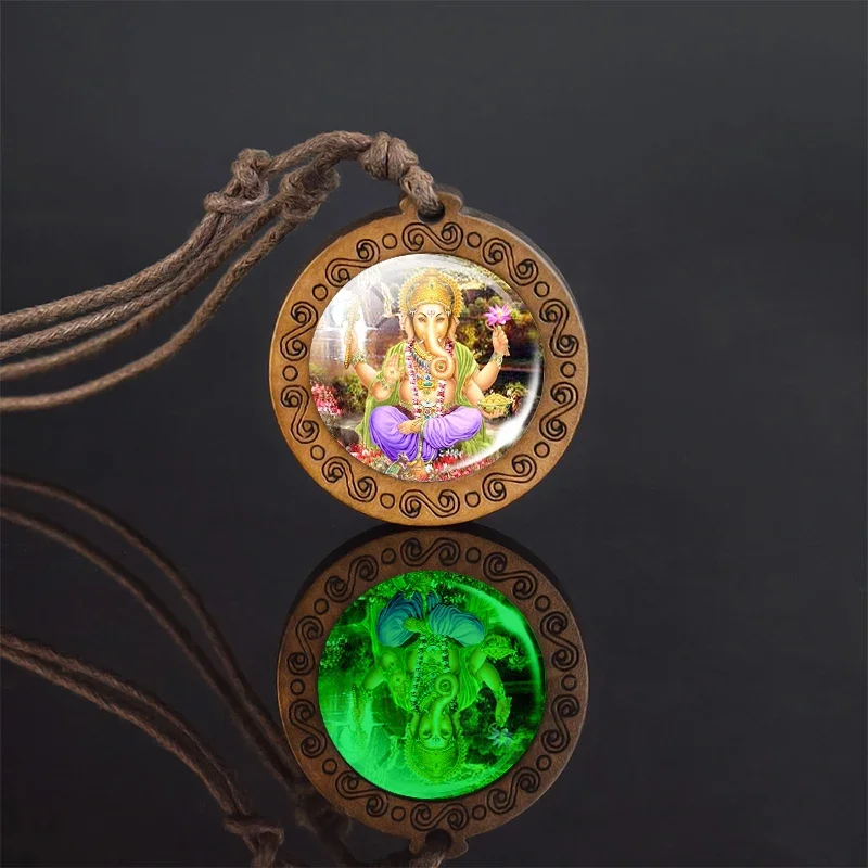 Buddha Necklace Indian Jewelry Hinduism God Brahma Vishnu Glow In The Dark Wooden Pendant Necklace