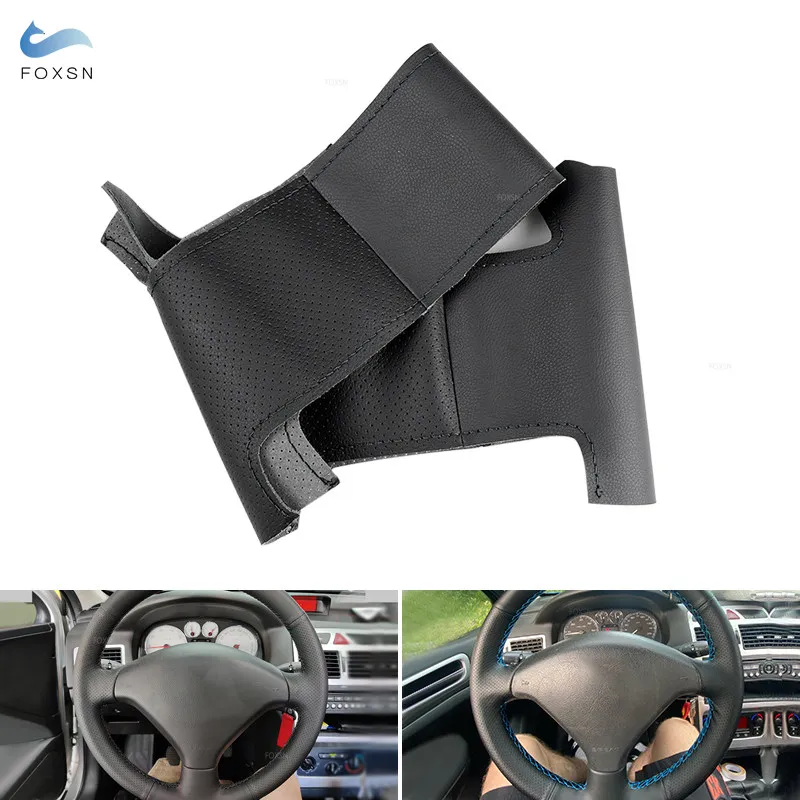 For Peugeot 307 CC 407 SW 2004 - 2009 DIY Hand-sew Steering Wheel Cover Black Perforated Microfiber Leather Car Accessories Trim