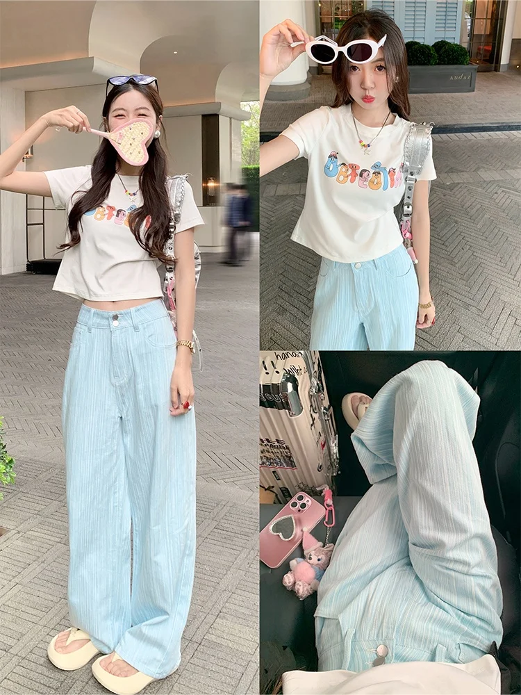 

Прямые джинсы с высокой талией, женские летние повседневные брюки длиной до пола, синий цвет, новое поступление, весна 2024 г.