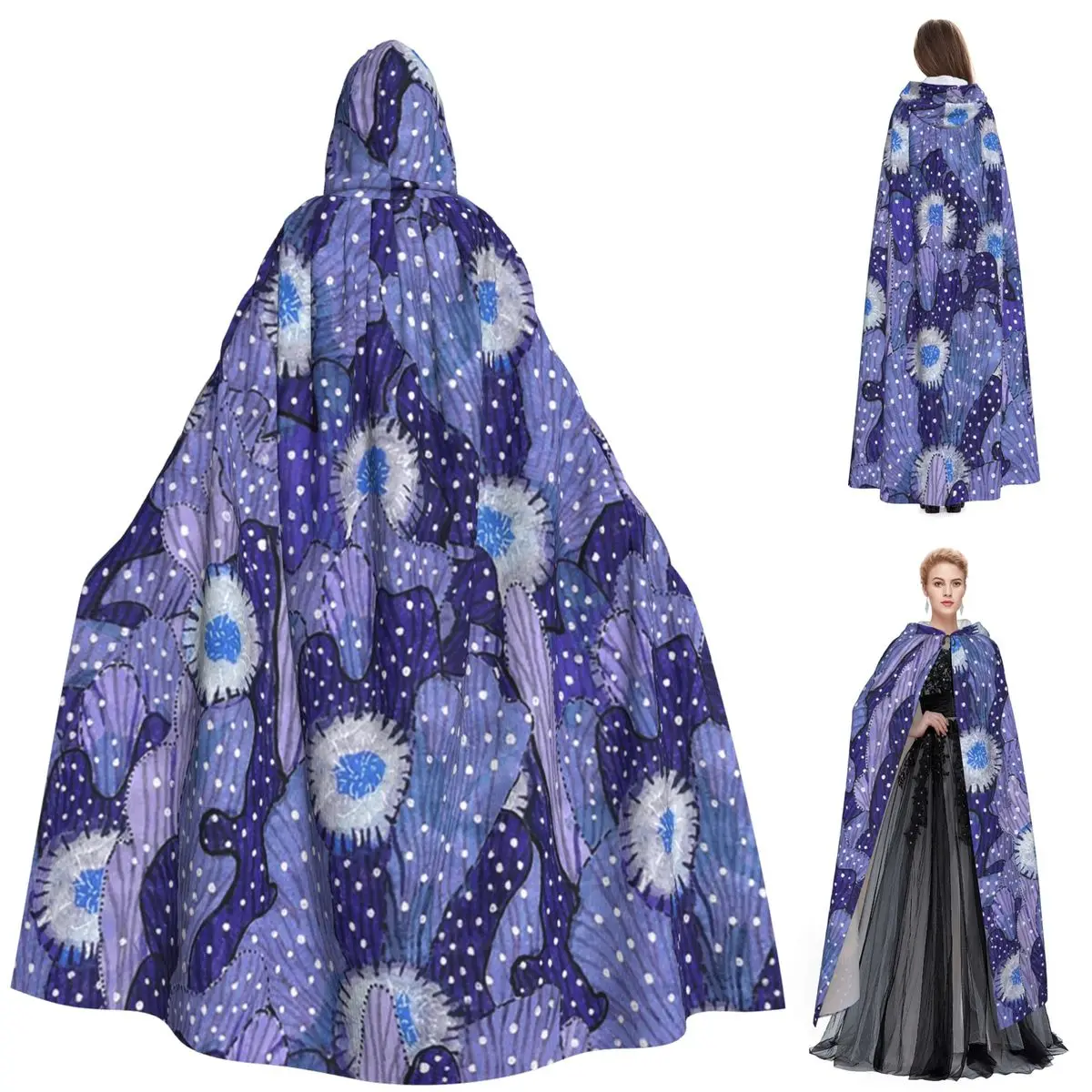 블루밍 선인장 선인장 다육 식물 추상 긴 후드 망토 마녀 중세 의상 코스프레 케이프 할로윈 뱀파이어 성인 유니섹스
