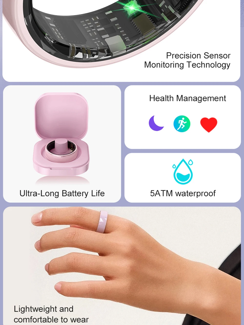 Fashion Ceramics Smart Ring with Charging Case for Men Women, Health and Sleep Monitoring, 5ATM Waterproof, Multi-sport Modes