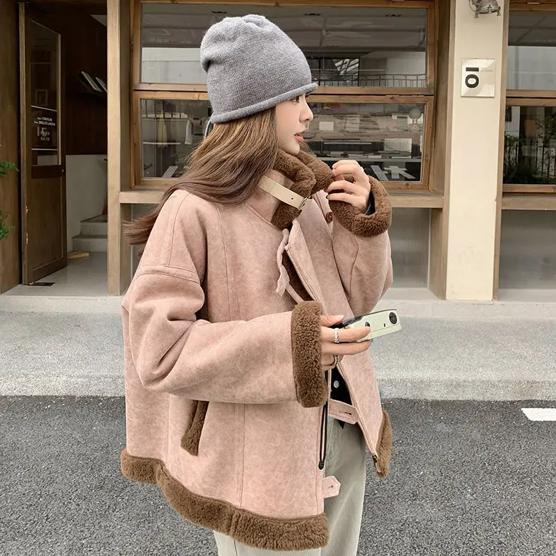 

Pink Fur One-Piece Lamb Wool Coat Women Autumn Winter 2024 New Short Motorcycle Jacket Plus Velvet Thickened Cotton Jacket