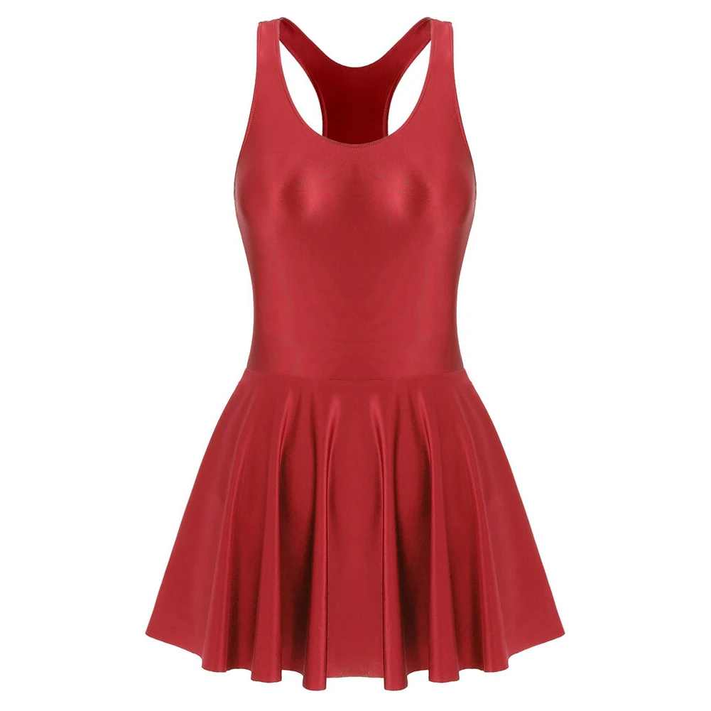 Women Dress Glossy Stretchy Sleeveless Pink Tank Dresses Solid Athletic Tennis Dress Black Swimwear Beachr Nightgown Pajamas