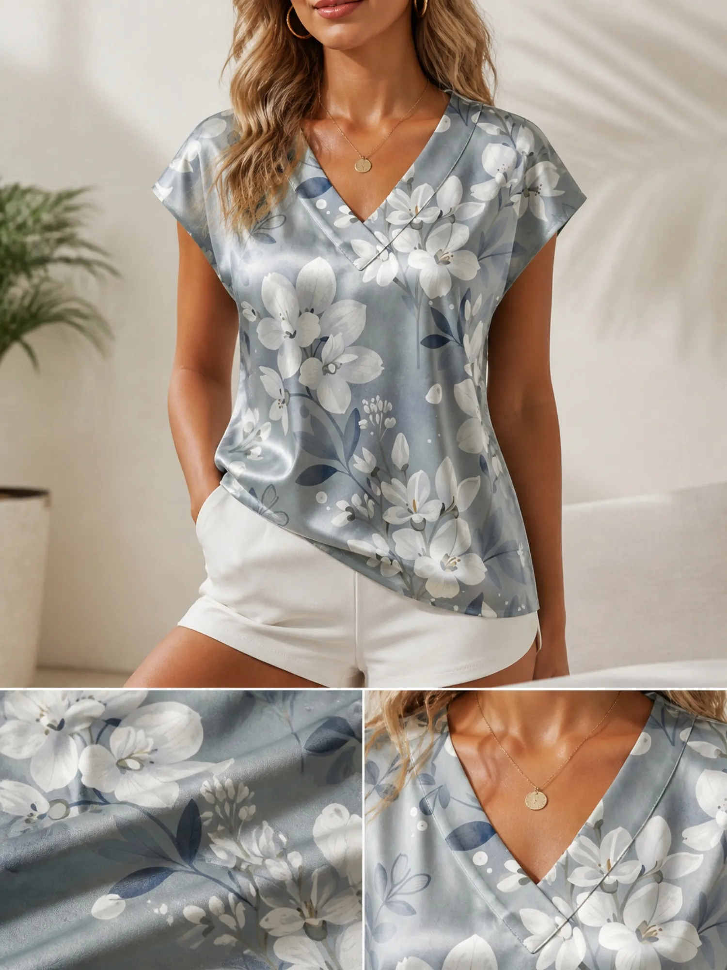 

Floral Satin V Neck Top for Women Cap Sleeve Flowy Draped Fit Silky Casual Brunch Weekend Wear Lightweight Breathable Smart Glam