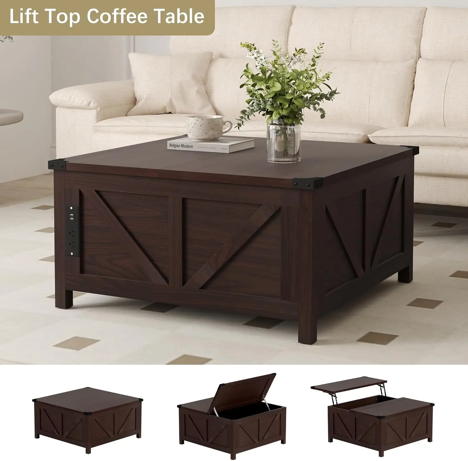 35.6" Lift Top Coffee Table, Farmhouse with Charging Station&USB Ports, Coffee Tables for Living Room, Home Office, Brown