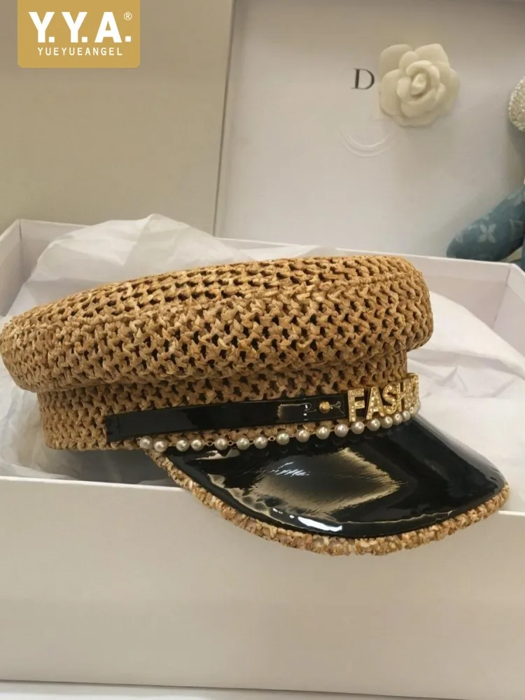 

Женская весенняя модная шляпа-кепка из искусственной кожи с жемчугом и стразами, повседневная, с плоским верхом, винтажная, для выступлений