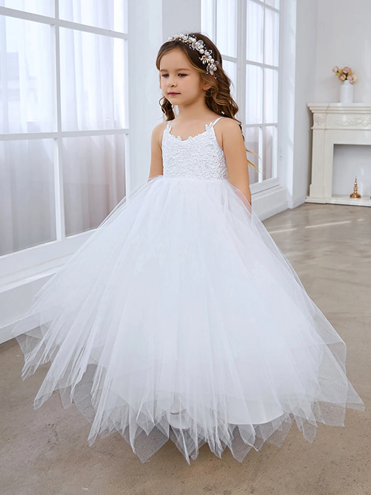 Spaghetti Straps Princess Flower Girl Dresses For Wedding Lace Tulle First Communion Dress Toddlers Ball Gown Formal Party Gowns