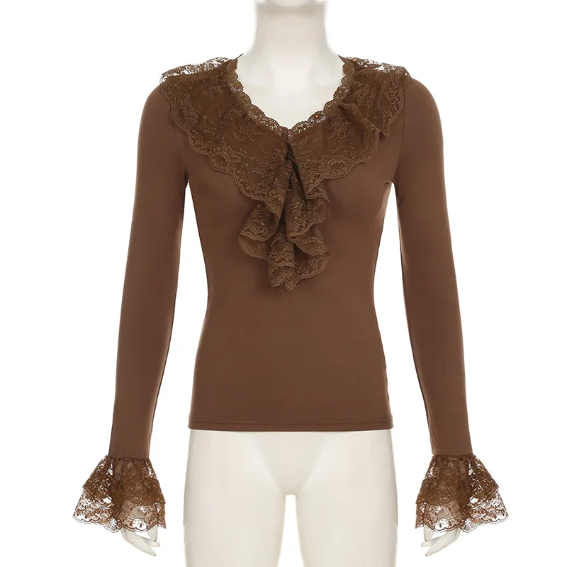 2025 rendas retalhos manga alargamento t camisa feminina com decote em v manga longa t camisas mulher sólida magro curto topo moda roupas femininas