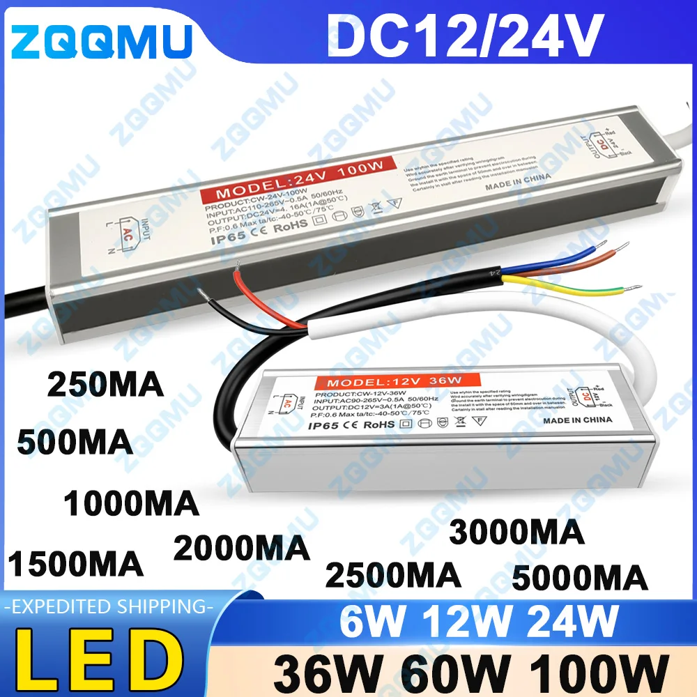 DC 12V 24V Switching Power Supply IP65 Outdoor LED Lighting Transformer 6W 24W 36W 60W 100W 12V 24V Constant Voltage LED Driver
