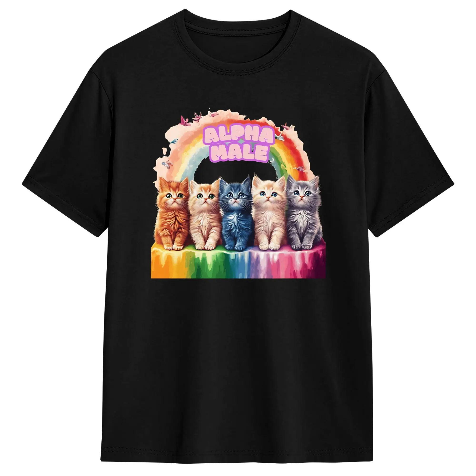 Alpha Male Funny Cat Kitten Rainbow Floral T Shirt Mens  Classic T Shirts Summer O-Neck Popular Tees Design Big Size Tops,