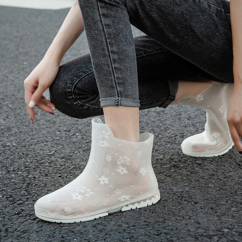 Bottes de pluie en caoutchouc transparent pour femmes, chaussures imperméables, chaussures de cuisine coordonnantes, bottes de pluie à la mode,