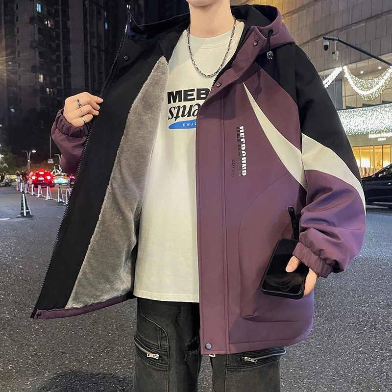 

Утепленная флисовая куртка с капюшоном для подростков, зимняя повседневная свободная теплая куртка из полиэстера и хлопка, модное брендовое пальто для мужчин