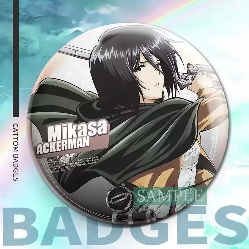 「進撃の巨人」アニメ「リヴァイ・エレン・ミカサ」周辺バッジ付きブリキレーザーブローチ