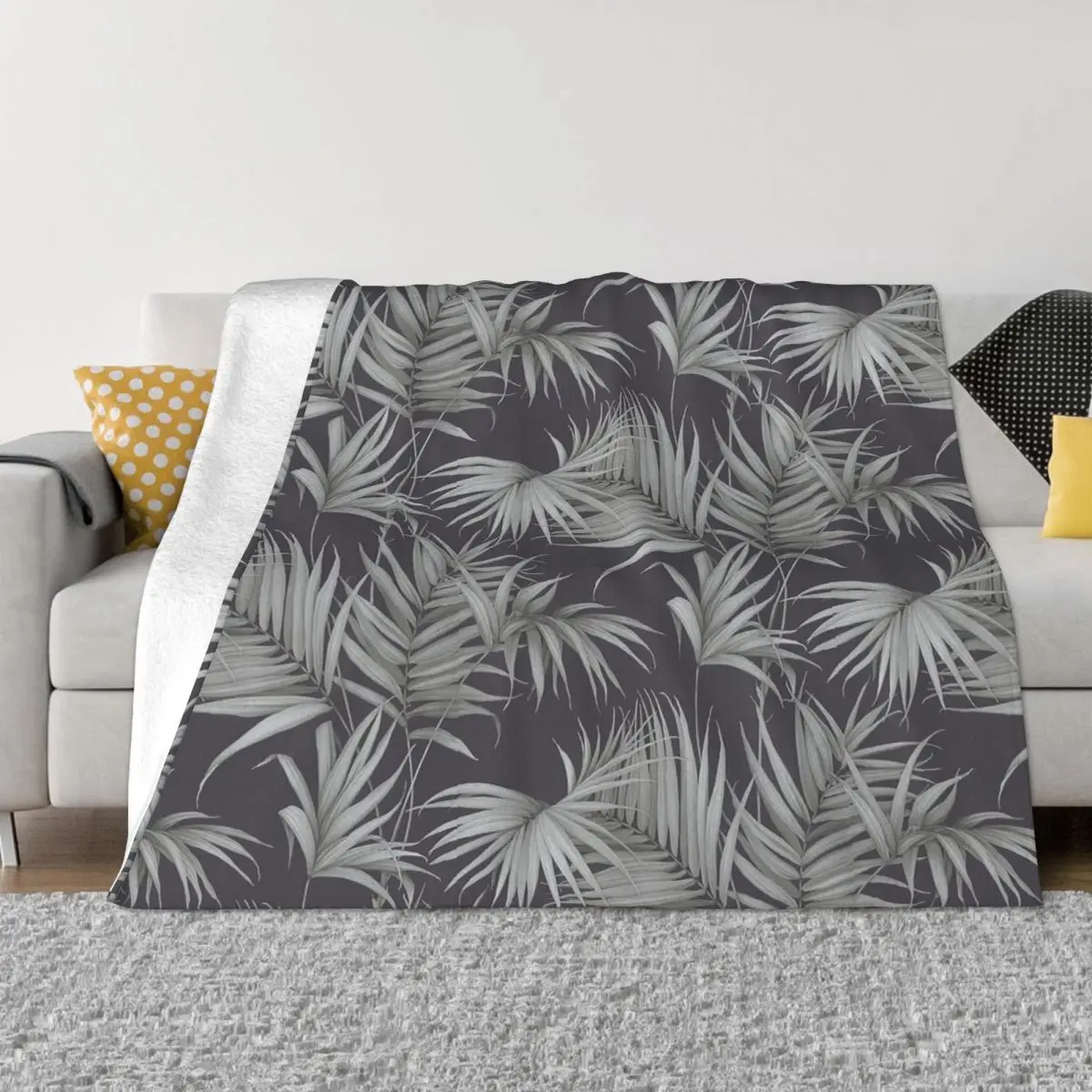 

Palm Leaf Blankets Sofa Cover Fleece Printed Art Grey Portable Lightweight Throw Blanket for Bed Outdoor Rug Piece