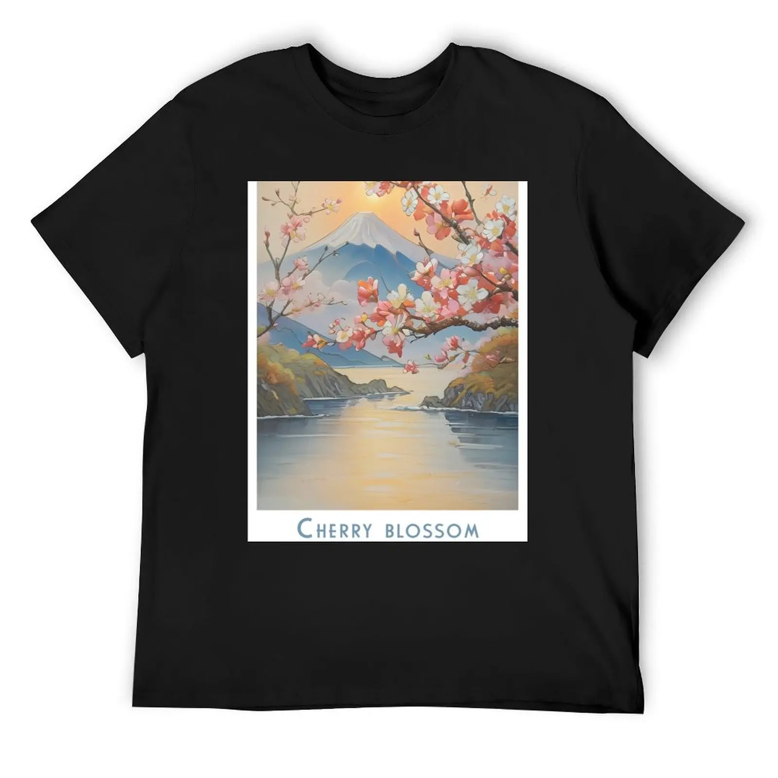 

Vintage Fuji - Retro Japan travel poster with cherry blossoms T-Shirt cotton graphic tees Short sleeve tee clothes for men