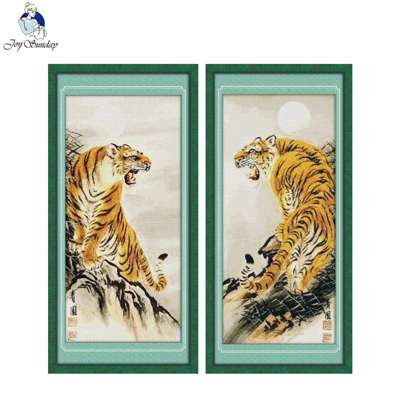 Joy Sunday Cross Stitch Kits Uphill Tiger Animal HD Pattern Counted Printed Canvas Aida 16/14/11CT DIY Embroidery Needle Sets