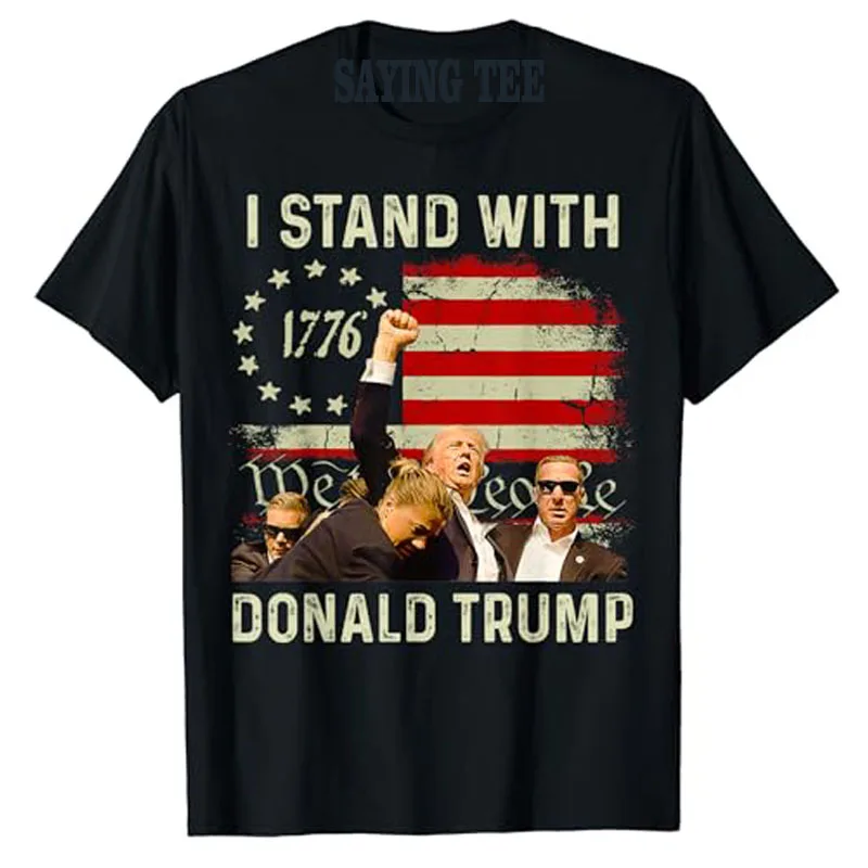 

I Stand with Trump Funny Pro Trump 2024 Fight Fighting T-Shirt Us America Flag Print Graphic Outfit Short Sleeve Campaign Tees