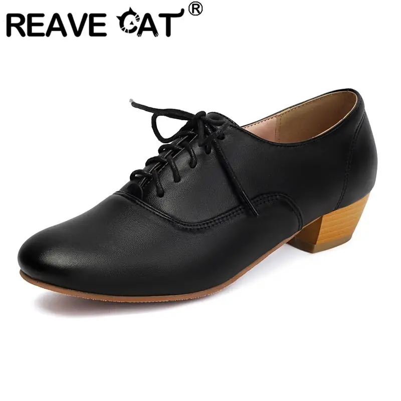 REAVE CAT Female Mujer Brand 2026 Women Pumps Round Toe 3.5cm Block Heels Lace Up Vintage Daily Shoes Large Size 40 41 42 43
