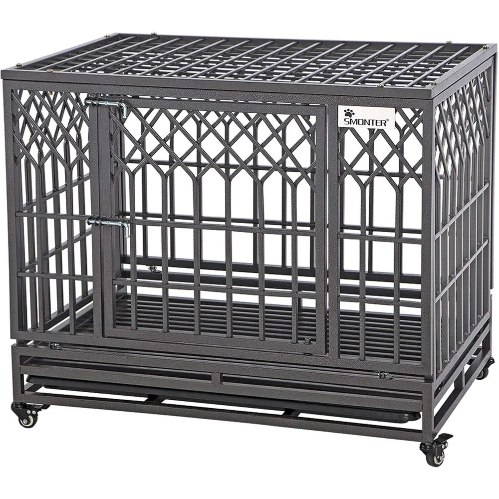 

38" Heavy Duty Dog Crate Strong Metal Pet Kennel Playpen with Two Prevent Escape Lock, Large Dogs Cage