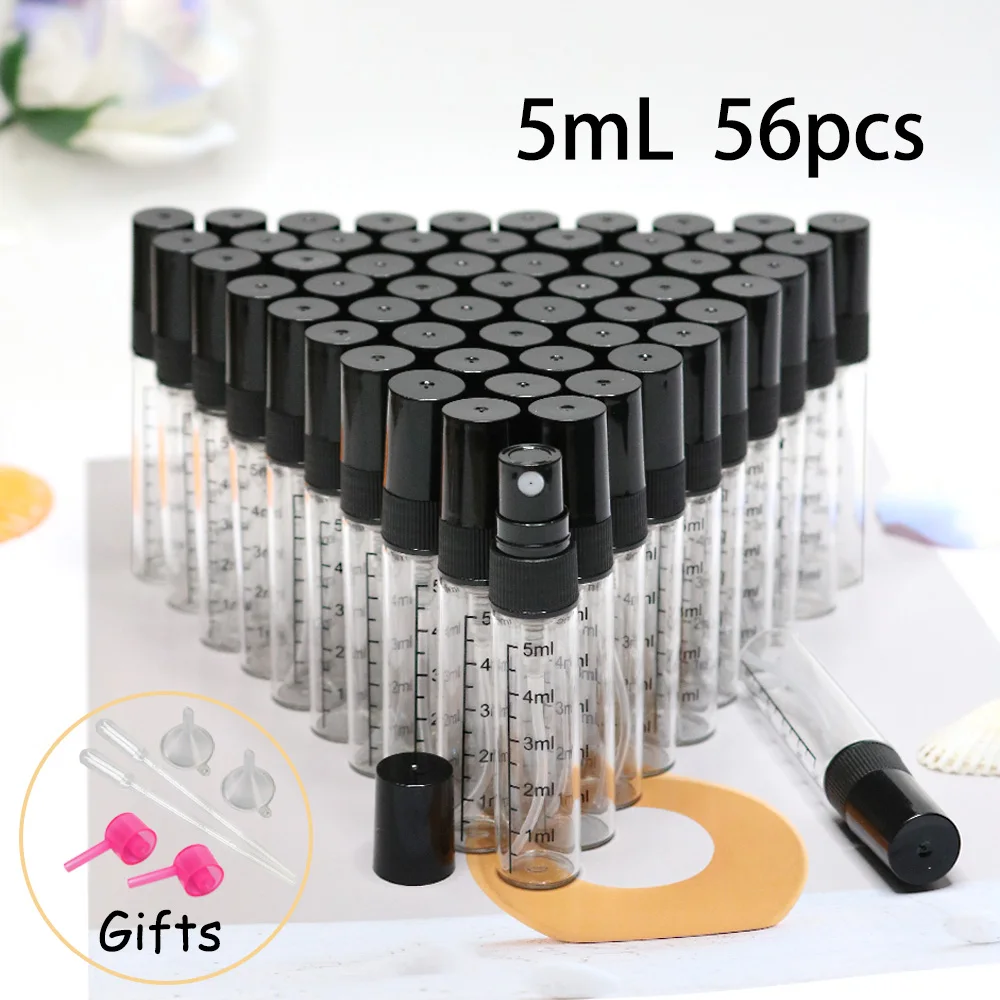 56 Stück + 6 Werkzeuge, 2/3ml Graduierte Parfümflasche, Transparente Glas-Sprühflasche, 5/10ml Nachfüllbare Tragbare Reise-Probenflasche