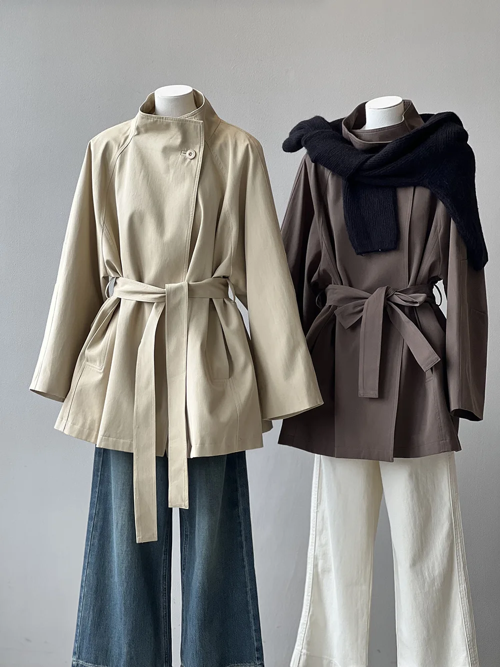 One Button Belted Trench Coat Women, Loose Waist-cinching Stand Collar Top For Autumn