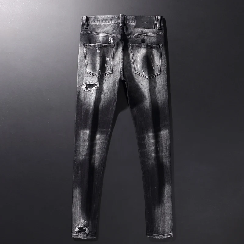 Street Fashion Men Jeans Retro Black Gray Elastic Stretch Slim Fit Ripped Jeans Men Patched Designer Hip Hop Brand Pants Hombre
