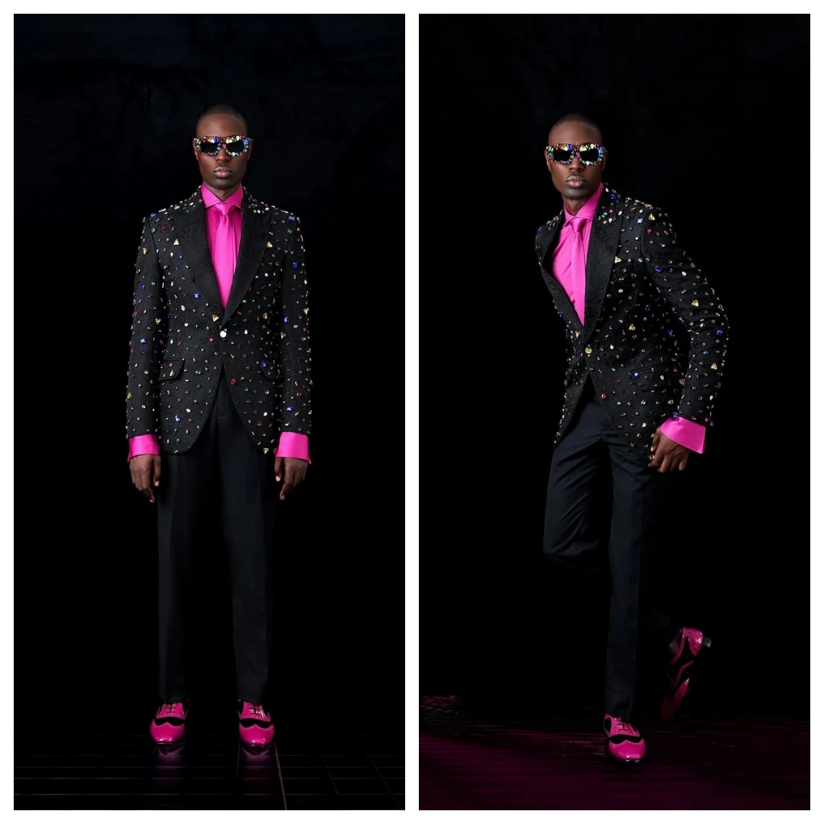 

Luxury 2 Pieces Men Suits Beads Tuxedo One Button Slim Floral Jacquard Shiny Formal Prom Wedding Groom Custom Plus Size Diamond