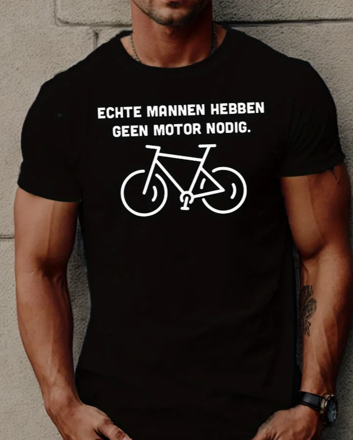 Men's Dutch T-Shirt Short Sleeve Tee with Bicycle Text Round Neck Casual Top Suitable for Gym, Training Shirt for Year-Round