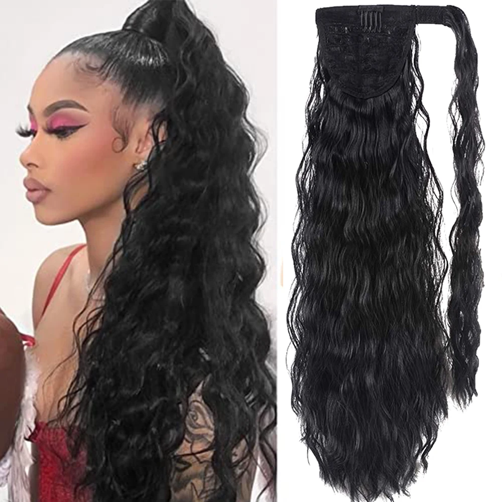 55CM Synthetic Long Corn Wavy Ponytail Hairpiece Winding Wrap on Hair Clip Ombre Black Hair  Extensions PonyTail wig