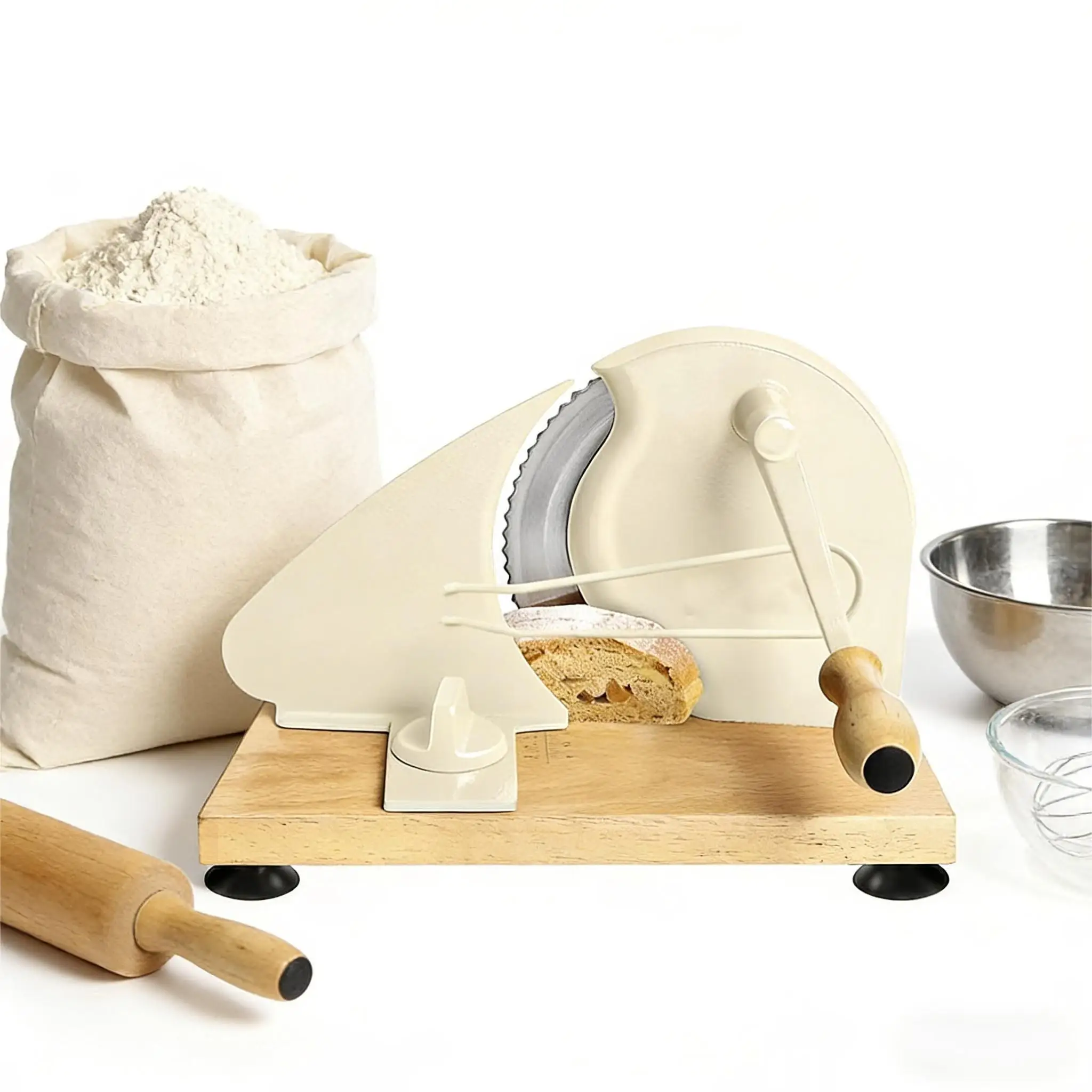 

Hand Crank Bread Slicer, Stainless Steel Blade Adjustable Thickness, Metal Rails & Suction Cup for Homemade Bread (Cream)