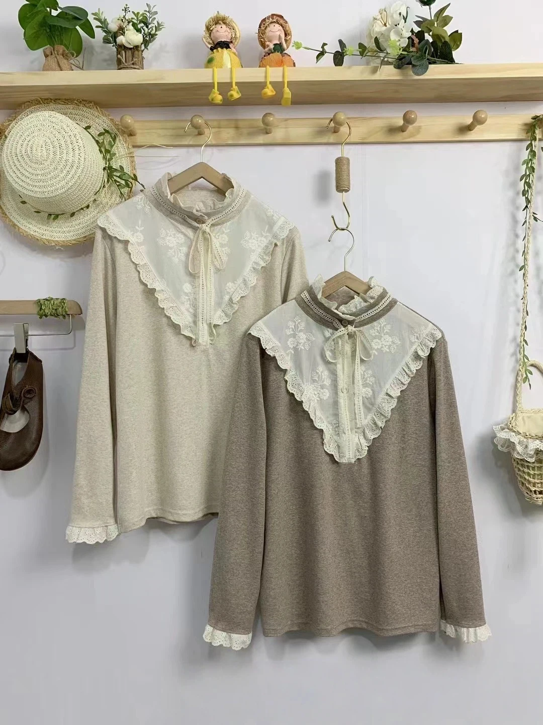 2026 Mori kei cotton long sleeve top women Japan style vintage lace collar embroidery patch t shirt women pullover backing shirt