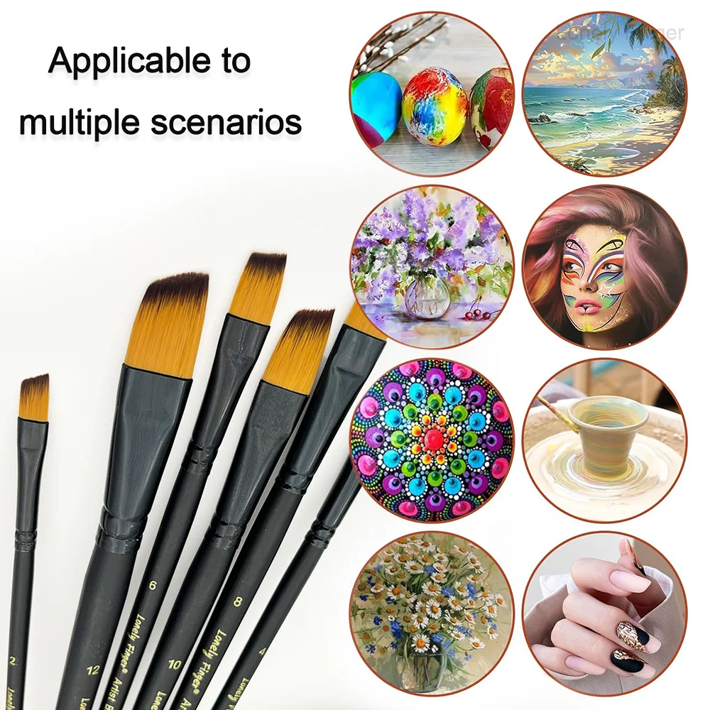 6 PCS Angular Paint Brush Set, Anti-Shedding Nylon Hair Long Handle, Artists Paint Brushes, Suitable for Acrylics, Gouache, Oil