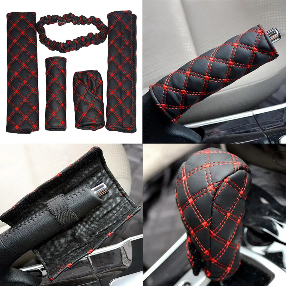 

Handbrake Cover Set Red Black Microfiber Car Interior Covers Gear Shift Protector Rearview Mirror Cover Shoulder Pads For