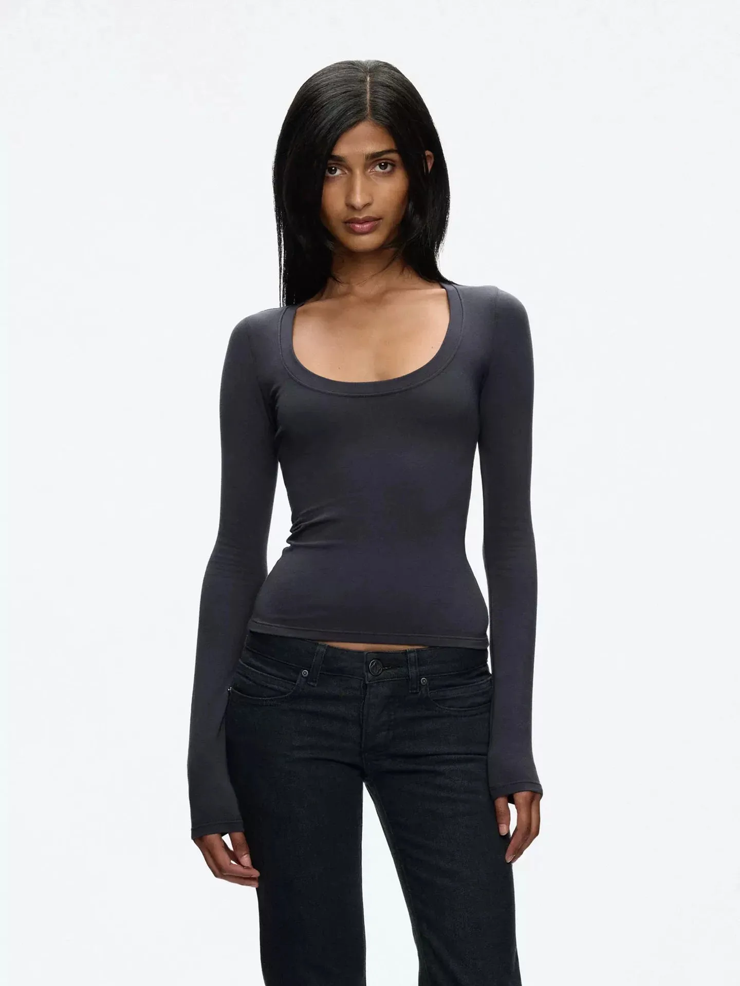 Tank Big U Dark Grey Fitted Long-Sleeved Base Layer Classic Crew Neck Structured Shoulder Custom-Dyed image 5