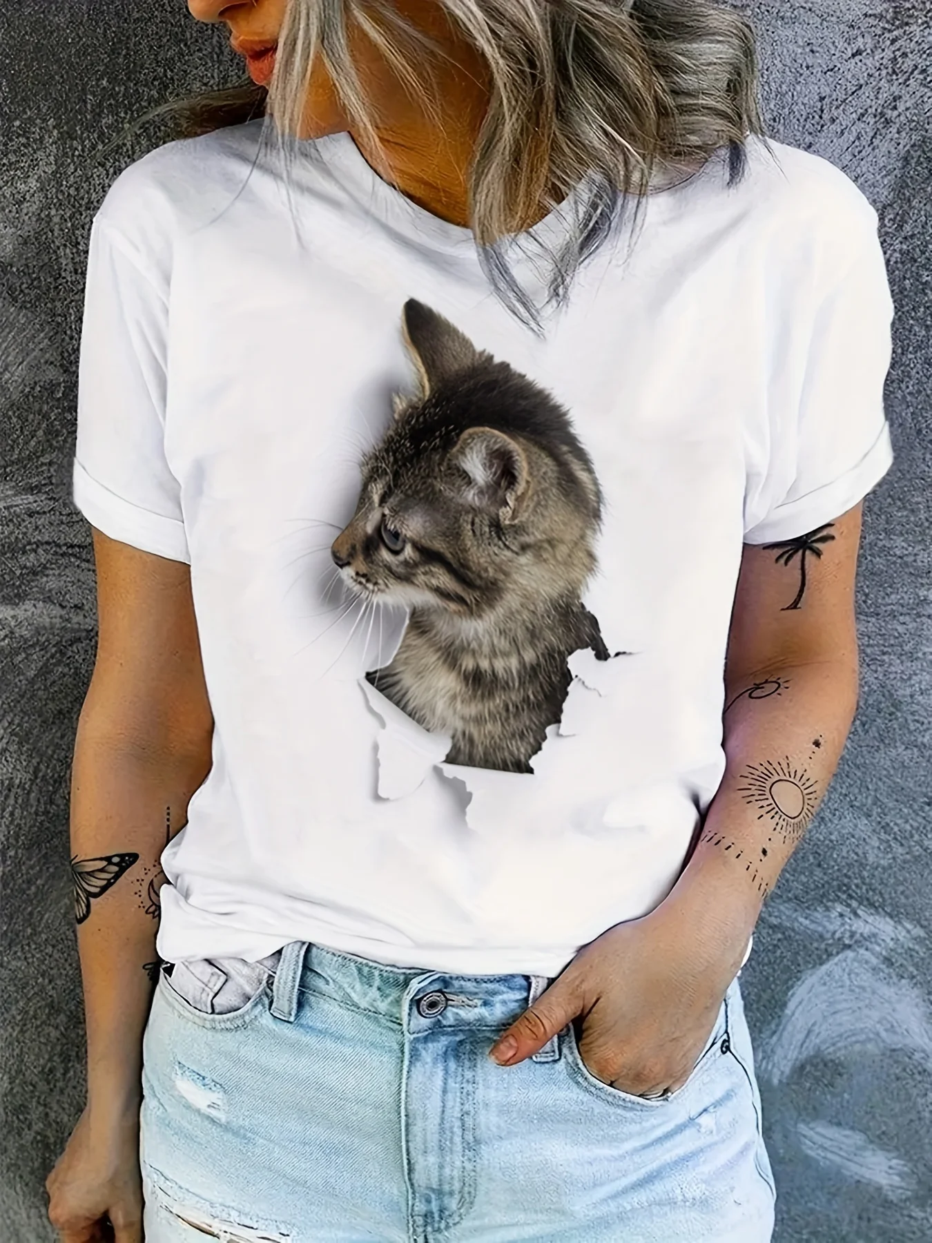 Lässiges Oberteil für jeden Tag, Damenbekleidung, süßes T-Shirt mit Katzenmuster, Rundhals-Kurzarm-T-Shirt