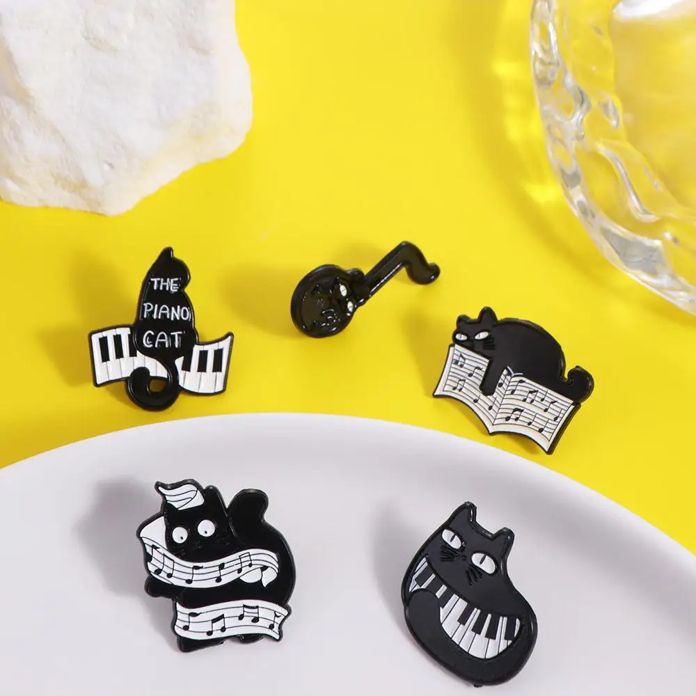 Cartoon Black Cat Enamel Pin Breastpin Electronic Organ Piano Cat Badge Music Score Music Instrument Beating Note Brooch