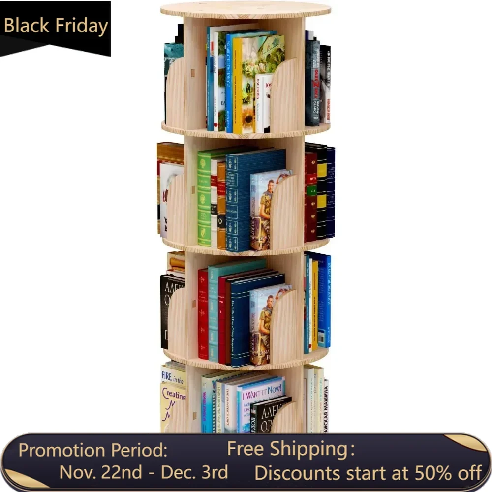 360 degree rotating bookshelf, 4-layer stackable solid wood bookshelf, children's storage display floor standing bookshelf