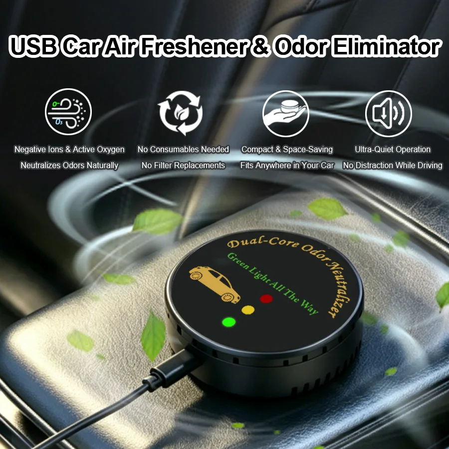 Car Air Purifier, Filter-Free USB Plug-and-Play Auto Start-Stop Odor Eliminator, Compact Space-Saving Car Air Freshener.