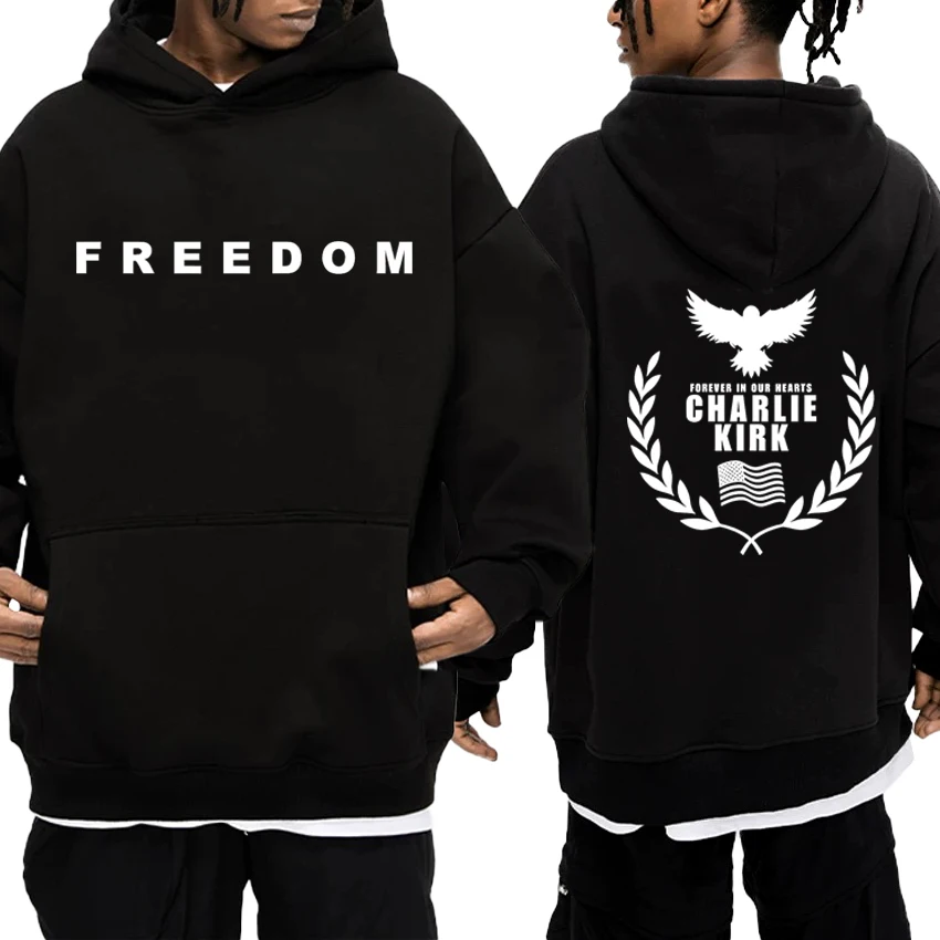 

2025 Charlie Kirk Freedom Commemorate Double Sided printed Hoodie Men women harajuku vintage pullover Unisex Fleece Sweatshirt
